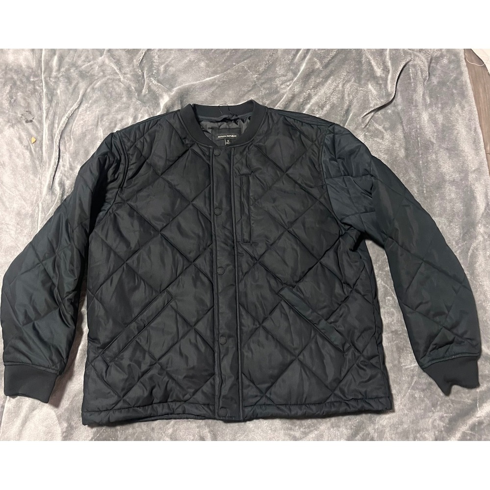 Banana Republic Mens XL Quilted Bomber Jacket Black Full Zip Snap Front Pockets